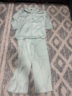 SHEIN Light Mint Satin Wide-Leg Pants & Button Shirt Set